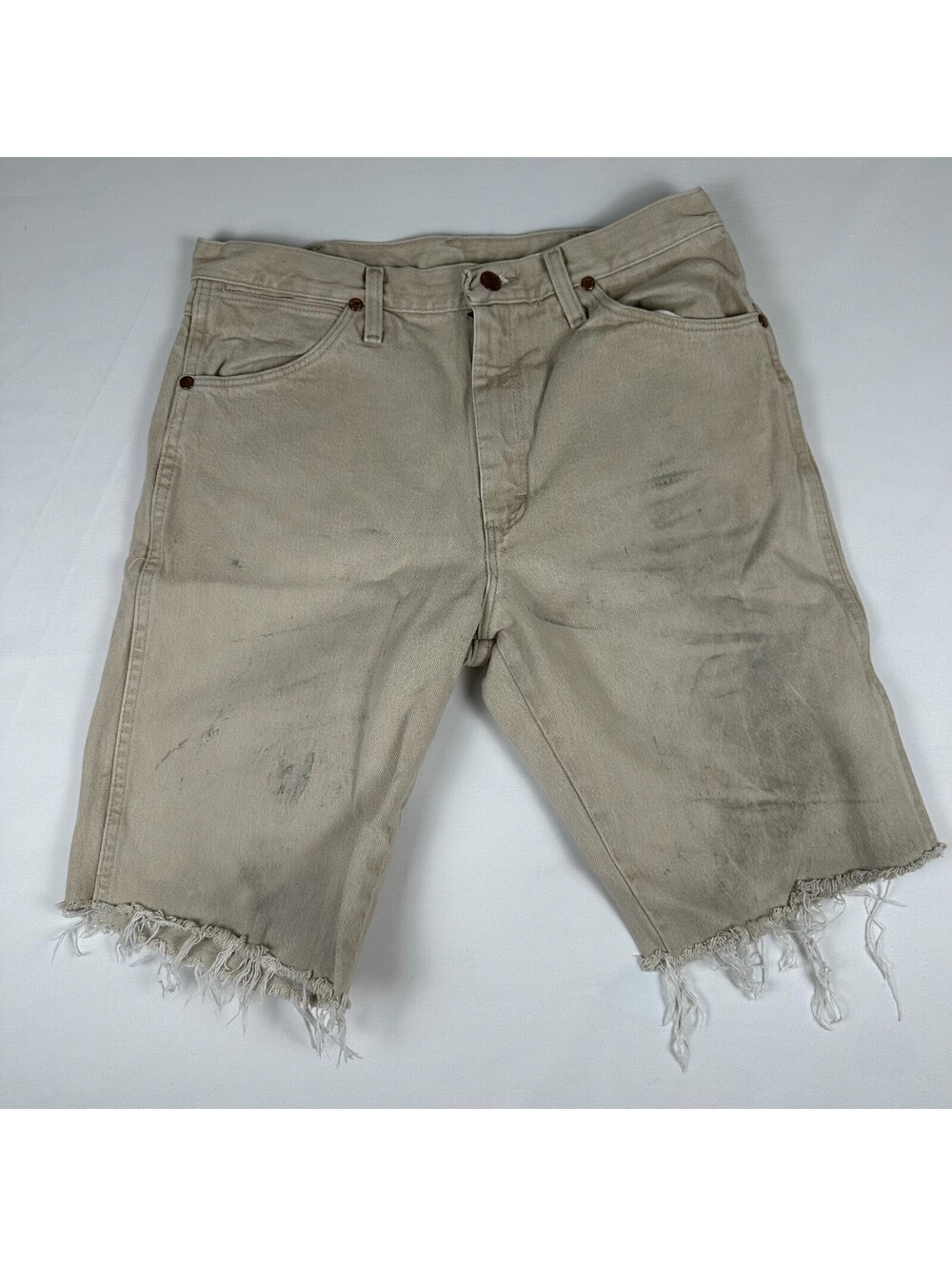 Wrangler Mens 33 Tan Khaki Denim Cut Off Jean Shorts Frayed Hem Western Cowboy